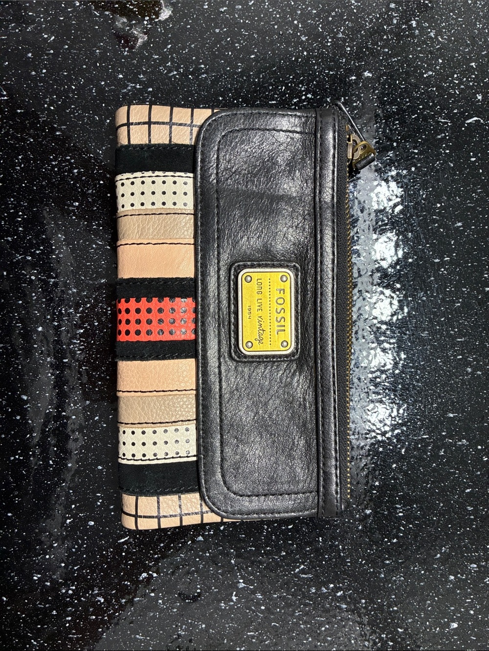 Fossil Black Leather Card Holder with Red and Beige Striped Accents